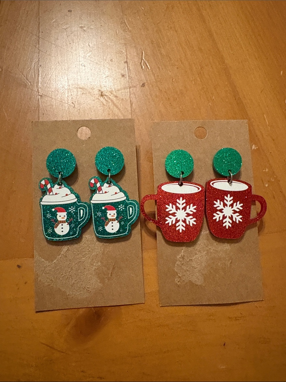 Festive Hot Cocoa woman’s Earrings - Green & Red Glitter Mug Designs